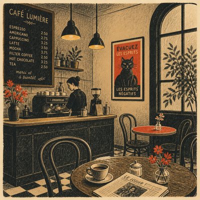 cozy cafe interior with warm lighting