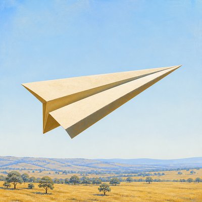 a paper plane, clean minimal composition on a plain background, no text