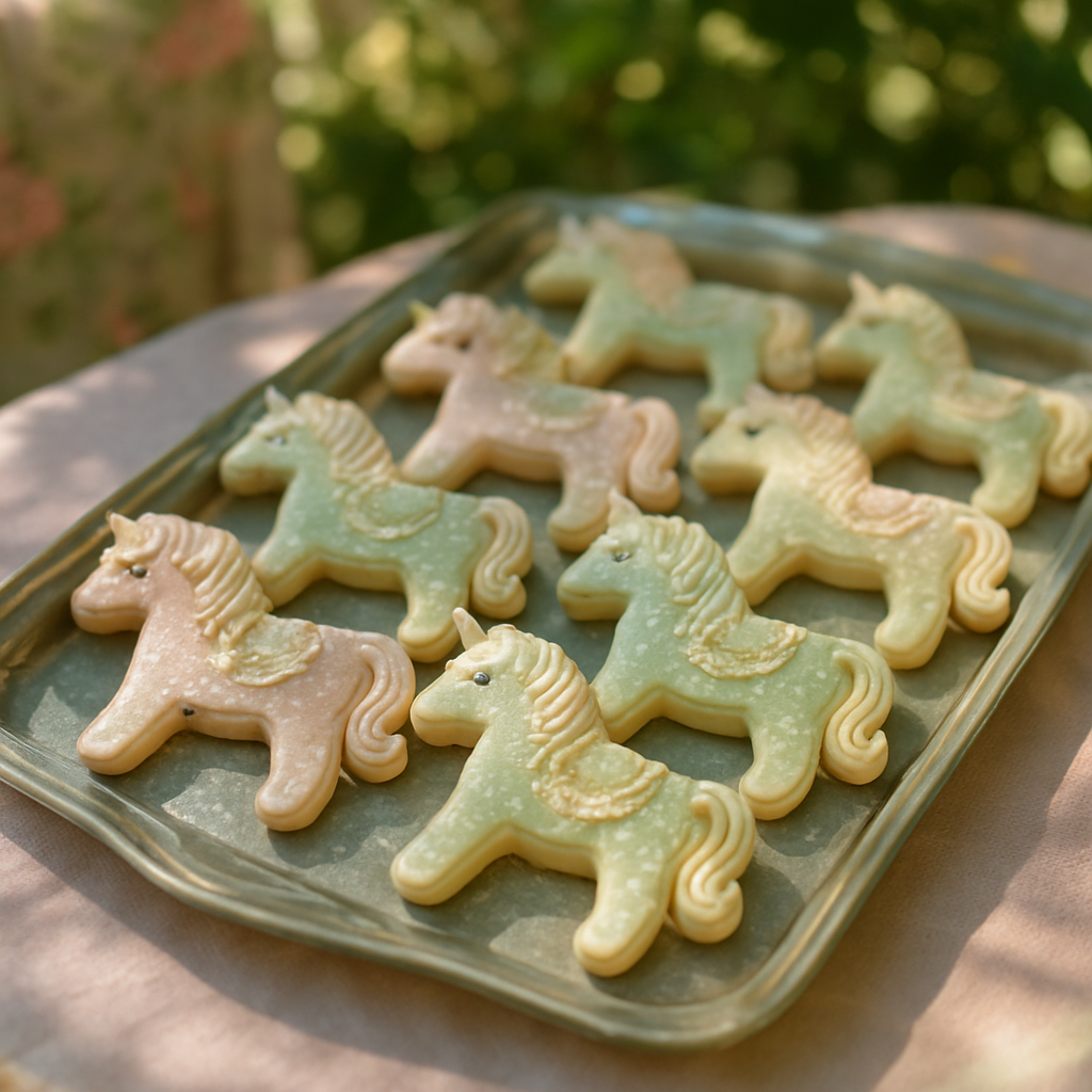 a tray of tiny horse-shaped sugar cookies, highly detailed icing, pastel holiday colors, sparkle sugar, soft bakery lighting, shallow depth of field, whimsical but elegant, intricate frosting texture, macaron-style softness, christmas atmosphere, ultra-detailed, 3d render look, artisan cookie photography style