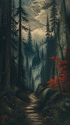 a mysterious forest path with fireflies and drifting mist, atmospheric vertical composition with open space at the top, no text