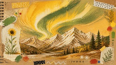 a flowing aurora over snowy peaks, wide sweeping composition, no people, no text