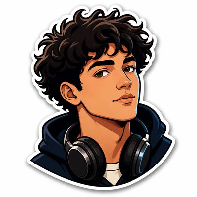 head-and-shoulders portrait of an original character: a young man with curly dark hair and headphones around his neck, plain backdrop, no text
