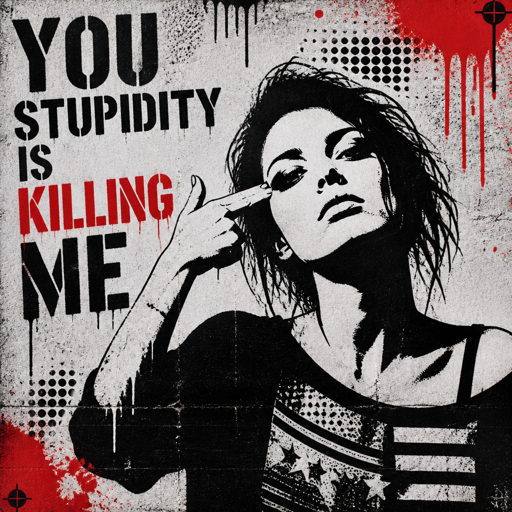 Text: YOU STUPIDITY IS KILLING ME
Image: Woman giving the hand gesture for blowing HER head off. Race and age are undefinable. Do not use the anarchy symbol.