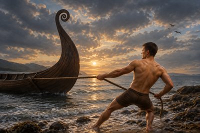 a man is pulling a boat on the beach