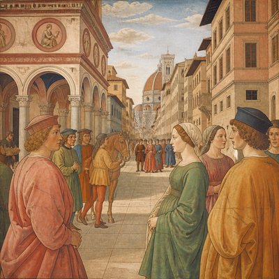 urban street with city activity — Florentine Renaissance Art Style