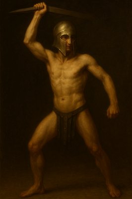 a painting of a man with a helmet holding a sword