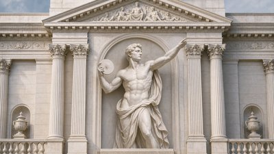 a statue of a man holding a disc in front of a building