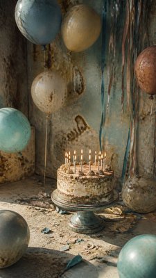 a birthday cake with lit candles surrounded by balloons and confetti, festive vertical composition, no text