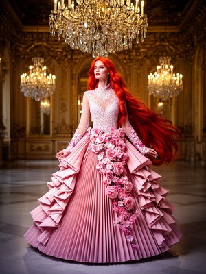 Photorealistic High Fashion Photography, Cinematic Lighting. A breathtaking woman with long, flowing, vibrant red hair cascading gracefully down her back. She is wearing a modest yet magnificent avant-garde ballroom gown in soft rose-pink.

    The dress features a high-neckline lace bodice with a sophisticated, non-transparent lining and elegant, sheer long sleeves adorned with delicate pink floral embroidery at the cuffs. The waist transitions into an extraordinary, voluminous skirt made of massive, sharp fan-like pleats and sculptural ruffled layers that create a dramatic silhouette.

    Beautiful cascading silk roses and cherry blossoms trail from the waist down the side of the structural pleats. She stands in the center of an opulent, gold-leafed grand ballroom under the glow of massive crystal chandeliers. The lighting is warm and ethereal, highlighting the shimmering textures of the fabric and the rich contrast of her red hair. High-end fashion editorial style, 8k resolution, graceful and dignified.