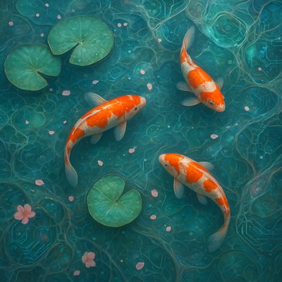A koi pond seen from above, orange and white koi fish swimming among lily pads, clear water with subtle ripples, fallen cherry blossom petals floating on the surface, dappled sunlight