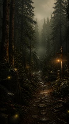 a mysterious forest path with fireflies and drifting mist, atmospheric vertical composition with open space at the top, no text