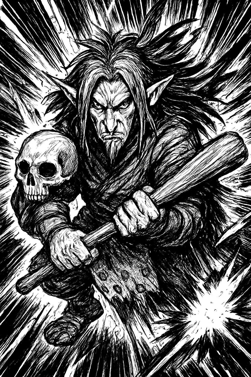 a drawing of a troll holding a baseball bat and a skull