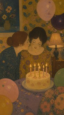 a birthday cake with lit candles surrounded by balloons and confetti, festive vertical composition, no text