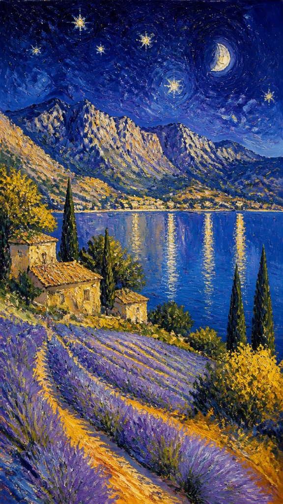 a tranquil mountain lake beneath a starry night sky, no people, no text