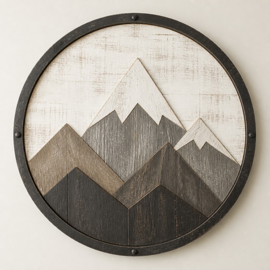 an emblem of a mountain peak inside a circle, simple bold shapes on a plain background, no text or lettering