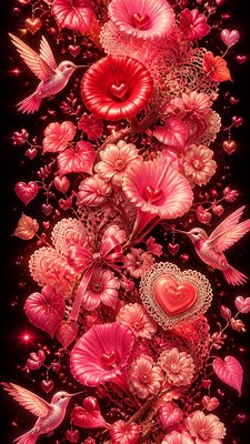 a climbing vine of flowers and hummingbirds on a dark background, tall wrapping composition, no text
