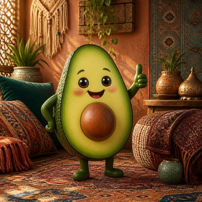 a happy avocado character giving a thumbs up, bold readable design on a plain background, no text