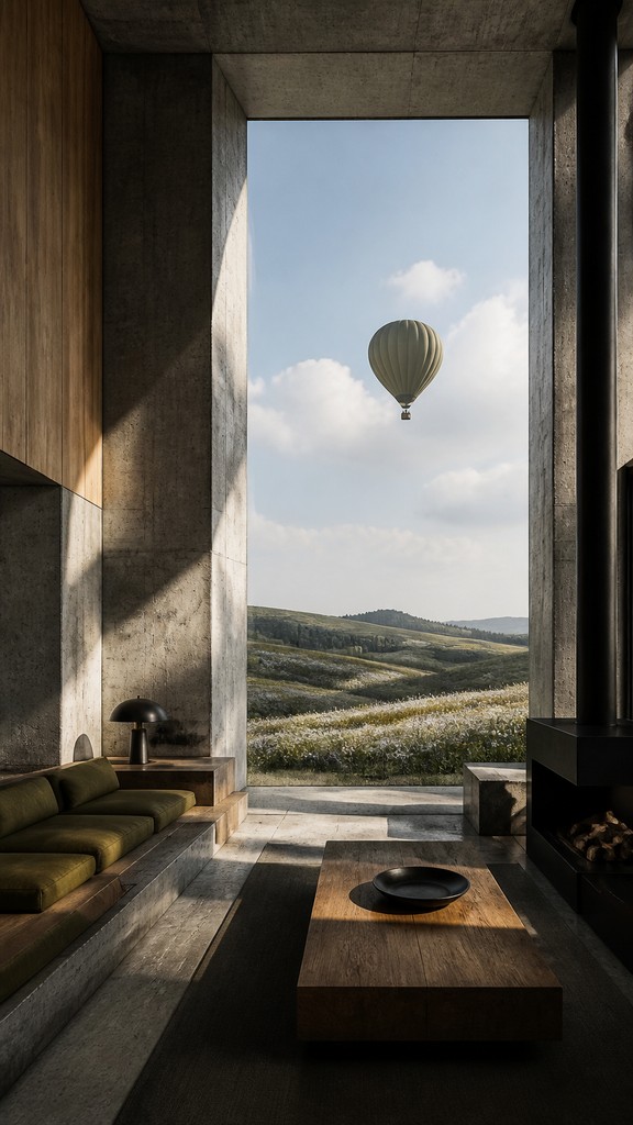 a hot air balloon drifting over rolling flower fields on a sunny day, cheerful, no text