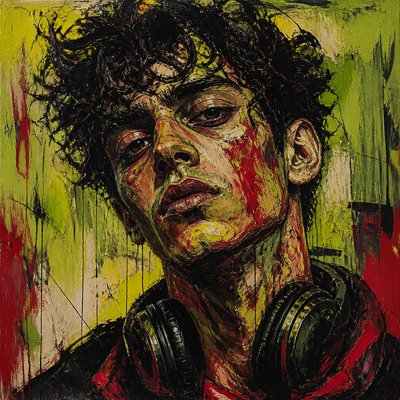 head-and-shoulders portrait of an original character: a young man with curly dark hair and headphones around his neck, plain backdrop, no text