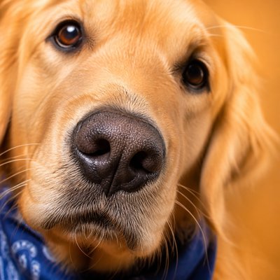 portrait of a golden retriever wearing a blue bandana, warm plain backdrop, no text