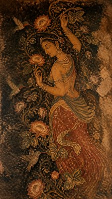 a climbing vine of flowers and hummingbirds on a dark background, tall wrapping composition, no text