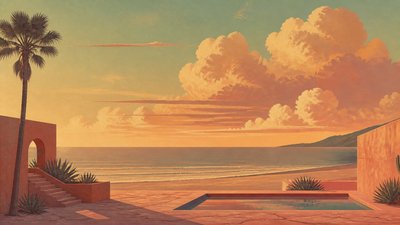 a panoramic ocean horizon with towering clouds at golden hour, no people