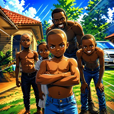 a group of black men standing in front of a house