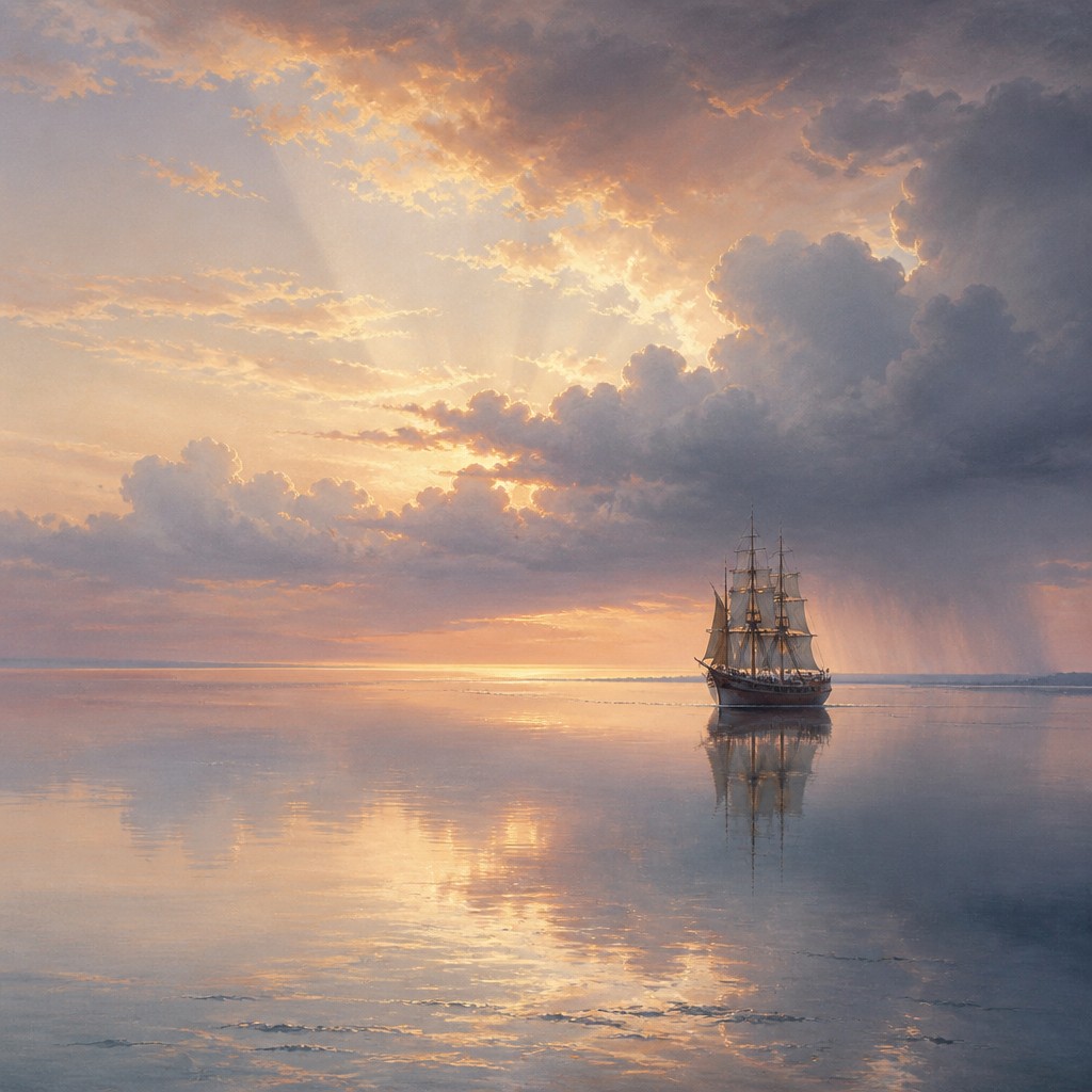 sailing ship on a stormy sea — Luminism Art Style