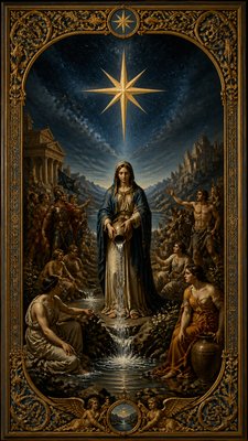 a robed figure pouring water beneath a large eight-pointed star in a night sky, symmetrical composition with an ornate decorative border, no text