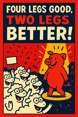 A simple cartoon-style propaganda poster drawn with bold, thick marker lines. Use a limited color palette of bright red, dark navy blue, white, and small black outlines. At the top, include a cool, bold propaganda-style font that looks hand-drawn with marker, saying: “FOUR LEGS GOOD, TWO LEGS BETTER!” Make the word “BETTER” much larger and more dramatic. In the center, show a group of white sheep with simple cartoon faces, wide excited eyes, and big happy smiles, cheering together. The sheep should look identical and drawn with simple marker outlines. They are looking at a pig who is walking upright on two legs in a bright spotlight. The pig should be glowing or surrounded by simple marker-drawn light rays to show fake admiration. Add confetti, simple celebration lines, and maybe one sheep holding a small sign. The background should use strong blocks of red and navy blue, like a simple propaganda poster. Include very simple outlines of a barn or farmhouse in the background. Overall style: cute cartoon, clean, bold marker strokes, easy shapes, limited colors, and a brainwashed, energetic vibe.
