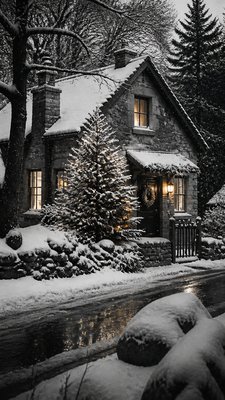 a snow-covered cottage with warm glowing windows beside a decorated pine tree, gentle snowfall, no text