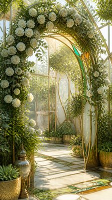 an arch of white roses and eucalyptus in soft morning light, elegant vertical composition with open space, no text