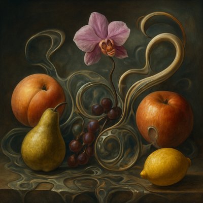 still life arrangement of fruits and flowers