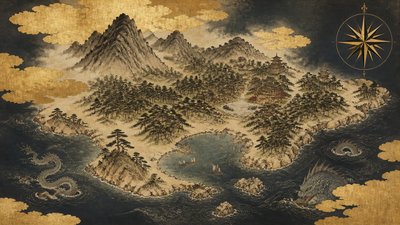 a map of an island realm with mountains, forests, a sheltered bay, sea monsters in the water and a compass rose, no text labels