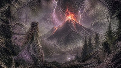 an erupting volcano with lightning strikes, dramatic wide composition, no text