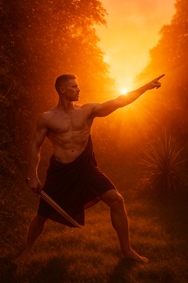 a man holding a sword in a field