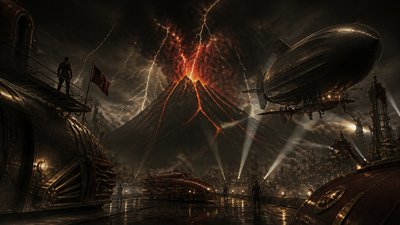 an erupting volcano with lightning strikes, dramatic wide composition, no text