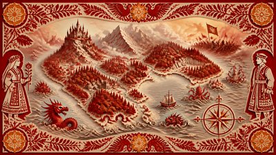 a map of an island realm with mountains, forests, a sheltered bay, sea monsters in the water and a compass rose, no text labels