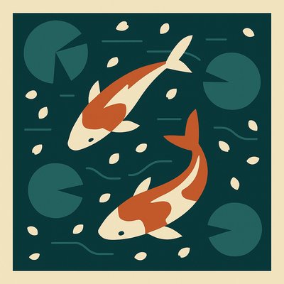 A koi pond seen from above, orange and white koi fish swimming among lily pads, clear water with subtle ripples, fallen cherry blossom petals floating on the surface, dappled sunlight