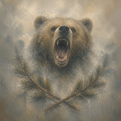 a roaring bear head above crossed pine branches, bold graphic composition on a plain background, no text