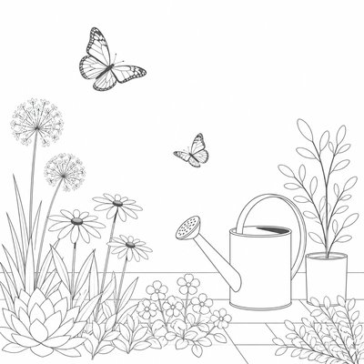 a garden scene with butterflies, flowers and a watering can, clean uncolored line art, no text