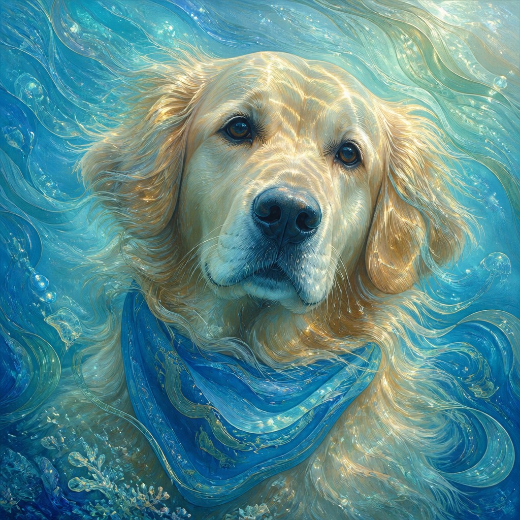 portrait of a golden retriever wearing a blue bandana, warm plain backdrop, no text