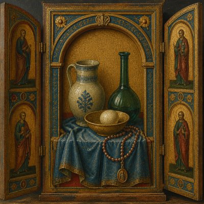 still life with everyday objects — Panel Painting Style