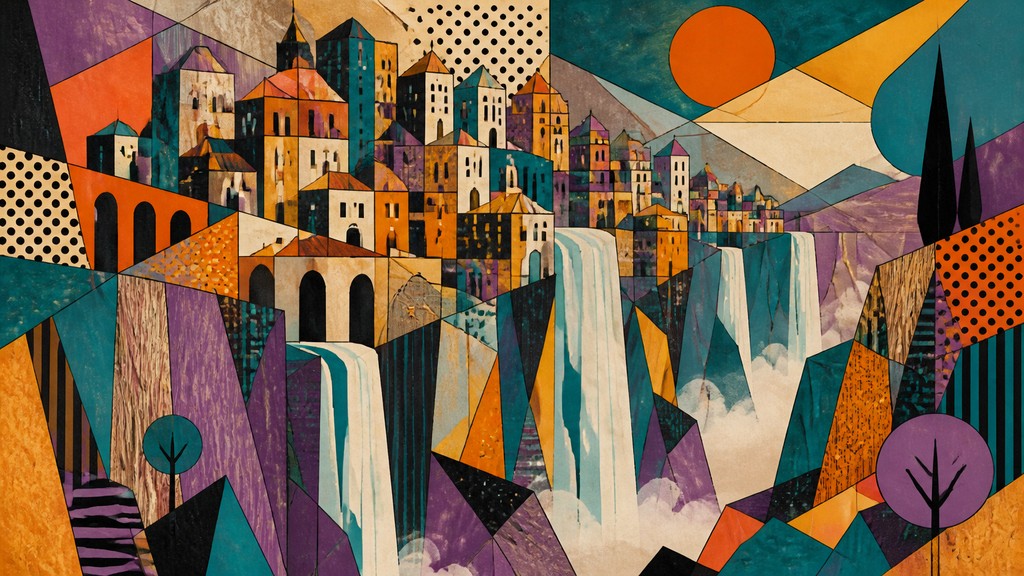 a cliffside city with waterfalls cascading into a misty canyon, wide establishing shot, no people, no text