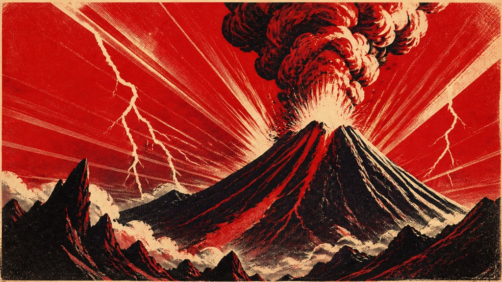 an erupting volcano with lightning strikes, dramatic wide composition, no text
