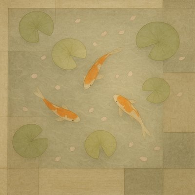 A koi pond seen from above, orange and white koi fish swimming among lily pads, clear water with subtle ripples, fallen cherry blossom petals floating on the surface, dappled sunlight