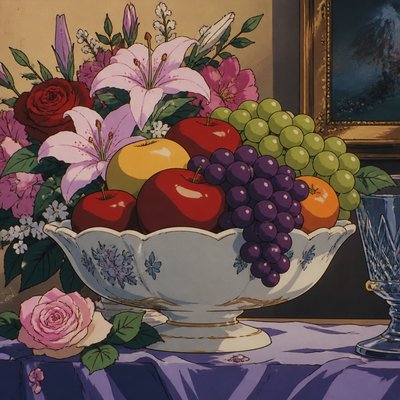 still life arrangement of fruits and flowers
