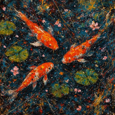 A koi pond seen from above, orange and white koi fish swimming among lily pads, clear water with subtle ripples, fallen cherry blossom petals floating on the surface, dappled sunlight