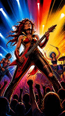 a live music scene with a glowing stage and silhouetted crowd, energetic vertical composition with open space at the top, no text