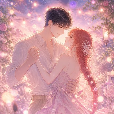 an original couple dancing under string lights in a garden at dusk: a man with short black hair in a linen shirt and a woman with braided red hair in a summer dress